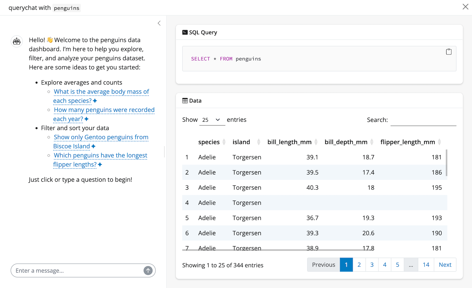 Screenshot of querychat's app with the penguins dataset.